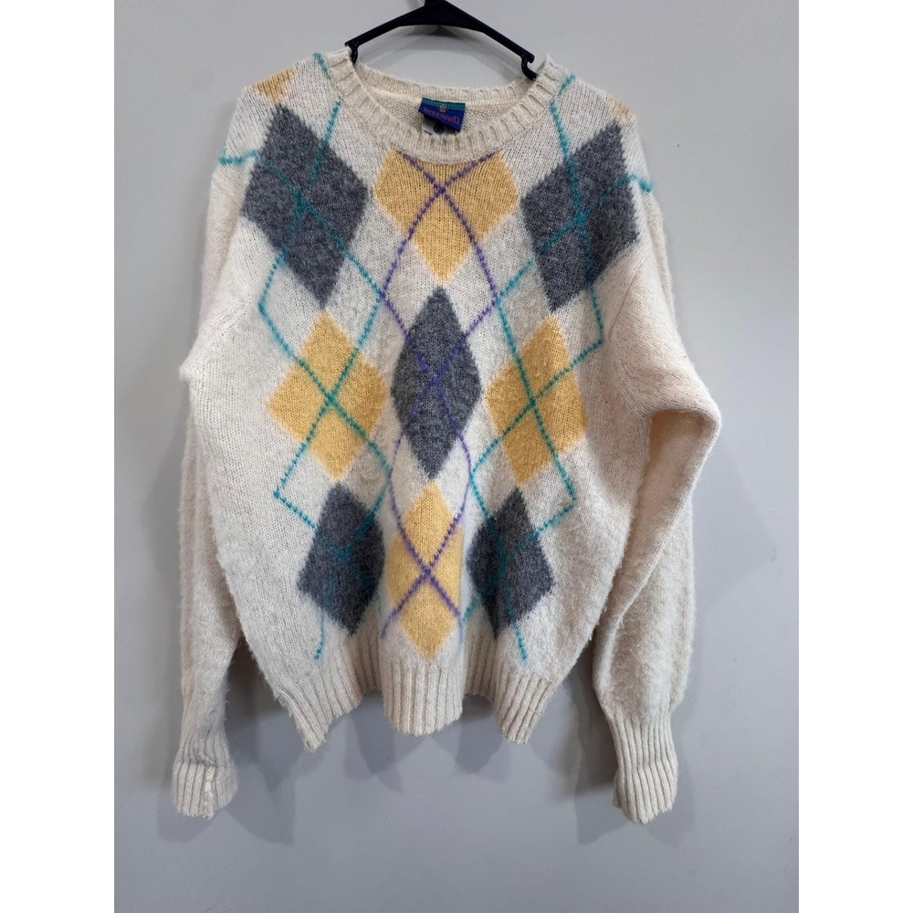 Vintage Woodward Argyle Sweater Mens Size‎ L Cream Wool Shetland Preppy Academic